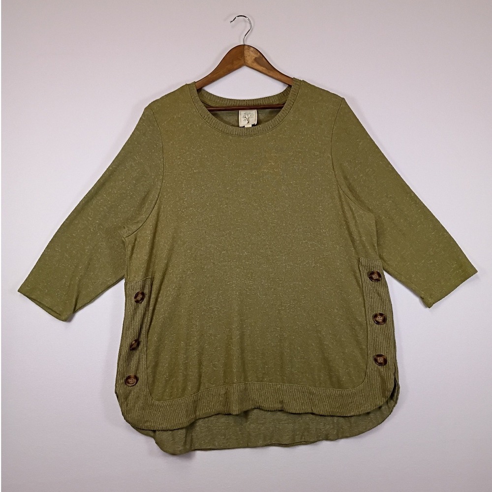 Earthy Colortree Women 1X Olive Green Marled Knit Tunic Faux Button Side Top